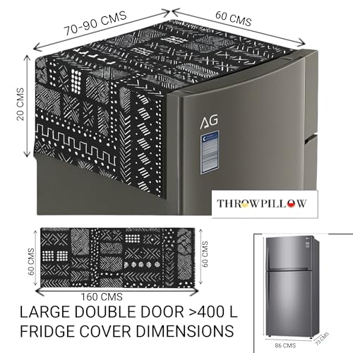 Image of WWW.THROWPILLOW.IN Fridge Top Cover for Double Door >400L Capacity| Large Size Double Door Refrigerator Cover | Fits Haier Samsung LG Godrej |Durable 450 GSM Dustproof Fridge Cover|Mud Cloth Pattern