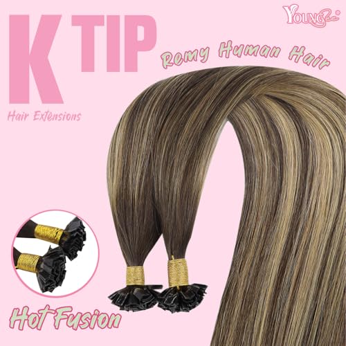 Image of YoungSee K Tip Hair Extensions Real Human Hair Dark Brown Ombre Blonde with Brown Balayage K Tip Hair Extensions Real Human Hair 20In Keratin Hair Extensions Brown Pre Bonded Hair Extensions 50S /50G