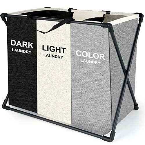 La Mejor Selección de Cestos para la colada plegables los 10 mejores. 41 LONEASY Cesto Ropa Sucia Plegable 3 Compartimentos, Cesta Plegable para la Colada 66x36x49cm, Ropa Sucia Organizador con Negro Beige Gris