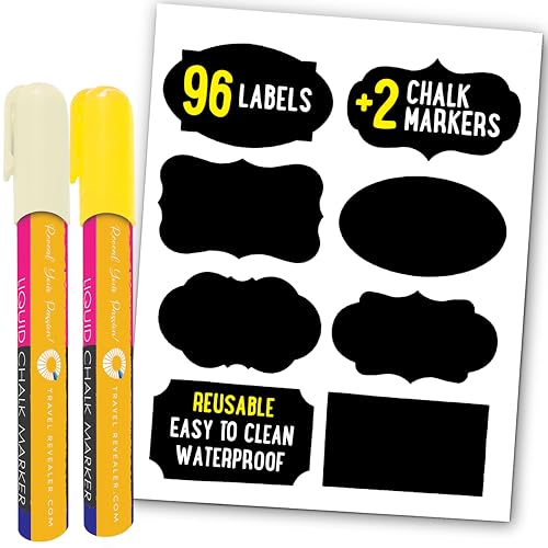 96 Premium Chalkboard Labels Multipack + 3 Erasable Chalk Markers - Removable Waterproof Reusable Chalk Labels Dishwasher Safe Chalk Board Mason Jar Labels - Chalkboard Style Stickers Labels