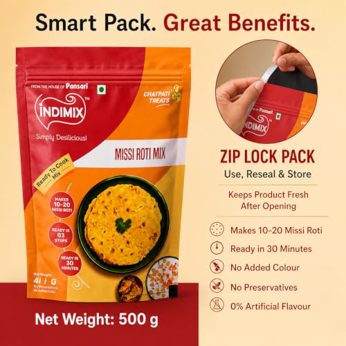 Image of INDIMIX Instant Missi Roti Mix 500g | Ready-to-Cook Traditional Indian Flatbreads | Homemade Flavor in 3 Easy Steps | No Artificial Colors or Preservatives (Pansari)