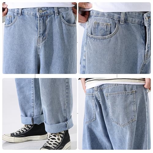 DOSLAVIDA Men's Work Jeans Casual Hip Hop Cargo Solid Color Loose Fit Straight Wide Leg Cotton Denim Pants with Zipper