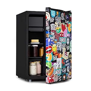Klarstein Cool Vibe – koelkast, energie-efficiëntieklasse, volume: 70 liter, VividArt Concept: deur met stickerbomb-designprint, vriesvak, ijsblokjesvorm, geluidsniveau: 42 dB, zwart