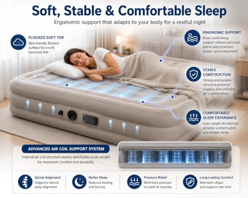 Image of Inflatable Air Bed Single Size, Portable Blow Up Mattress for Home, Guest, Camping & Travel, Waterproof Flocked Surface, Raised Air Mattress