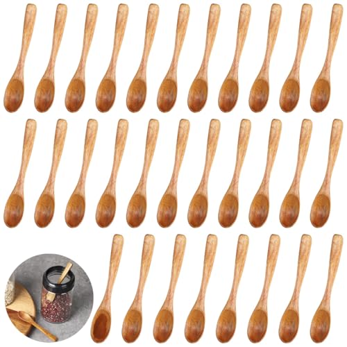 30 Pcs Small Wooden Spoons, 30 Stück Kleine Holzlöffel, Mini Holzlöffel Kleine Löffel für Gewürzgläser, Runder Gewürzlöffel Honiglöffel Teelöffel Kleine Löffel für Salz, Zucker, Pfeffer, Kaffee, 10cm