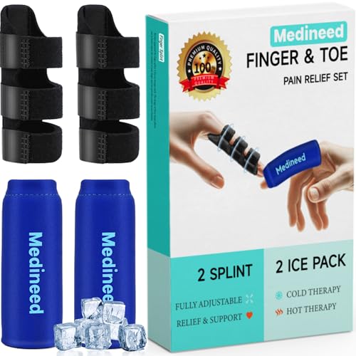 Medineed 2PCS Finger Ice Pack & 2PCS Trigger Finger Splint Thumb Splint & Sleeves Cold for Pain Relief Reusable Compression Thumb Brace for Toe Injuries Arthritis Sprains (Blue2+2)