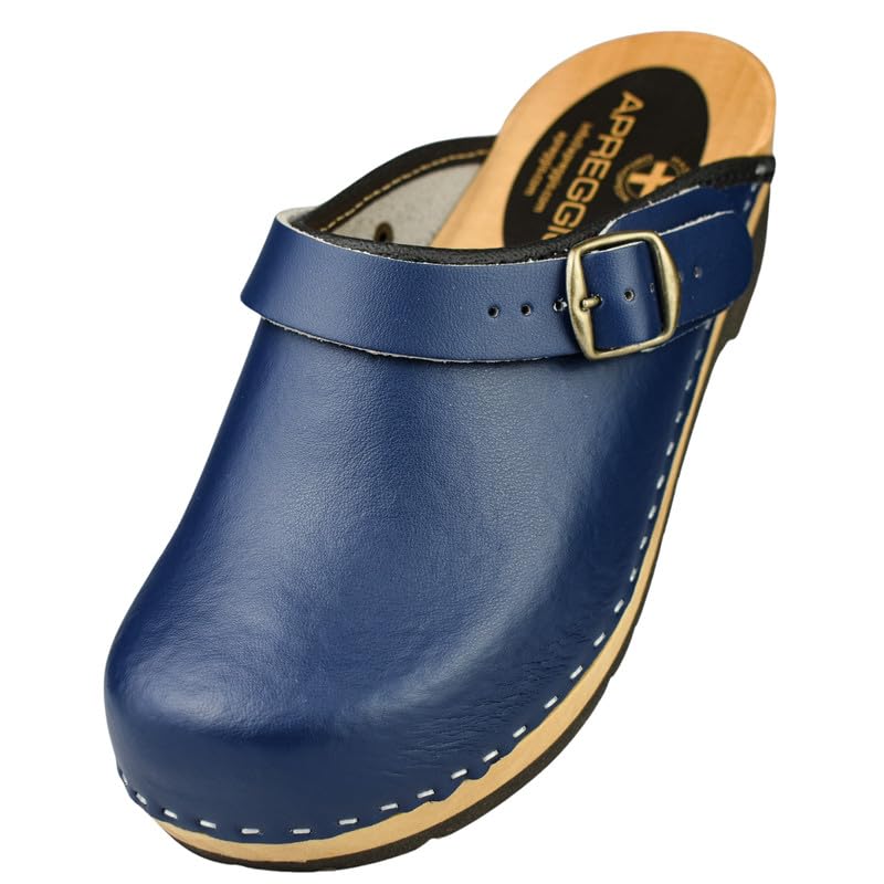 APREGGIO Damen Holz Clogs Holzschuhe aus Leder Praktische Gartenclogs | Praktische Gartenclogs – Ergonomische Damen Lederclogs - Rutschfeste Gummisohle - Licht - 5 cm Blockabsatz