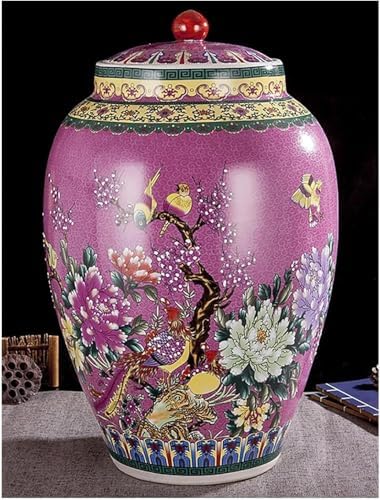 Ceramic Rice Container with Lid Chinese Design Rice Bucket Grain Dispenser Large Food Airtight Storage Jar(Green,25KG)