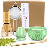 EOPUOZS 5 piezas Matcha set, Juego de té Japonés Premium, Matcha Kit con Batidor Te Matcha Cuchara Te Matcha Soporte de Batidor de Cerámica, para Amantes del té(Verde)