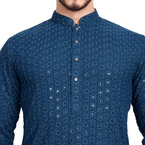 Image of Rayon Ethnic Wear Full Chikankari Sequin Embroidery Mirror Work Traditional Straight Kurta Pyjama Set for Men