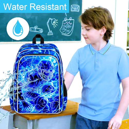Image of 3Pcs Football Backpack for School, Kids Boys Lightning Bookbag with Lunch Box, 17 inch Backpacks for Elementary Preschool Kindergarten (Blue)