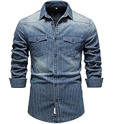 Jean Jacket Men Long Sleeve Button Down Denim Shirt Lapel Casual Jacket Striped Trendy Top Slim F...