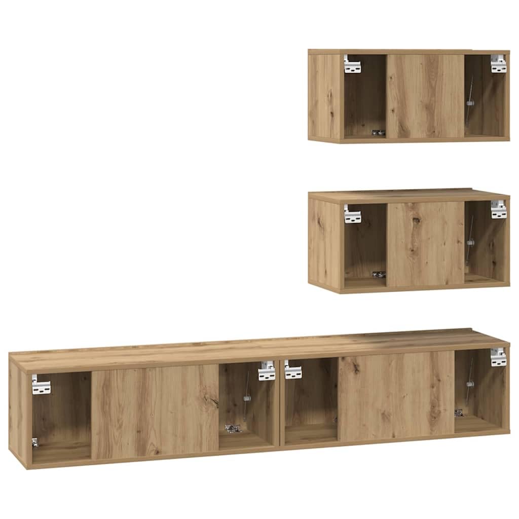 Set 4 Mobili TV Sospesi Rovere Artigianale Legno Ingegnerizzato | Credenza sospesa per soggiorno composta da 4 moduli con ante a cerniera per riordinare dispositivi e accessori.