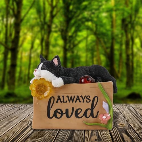 Solar-Powered Resin Black Pet Cat Memorial Stones with Cat Statue Garden Decor – Pet Memorial Stone Perfect Cat Memorial Gift