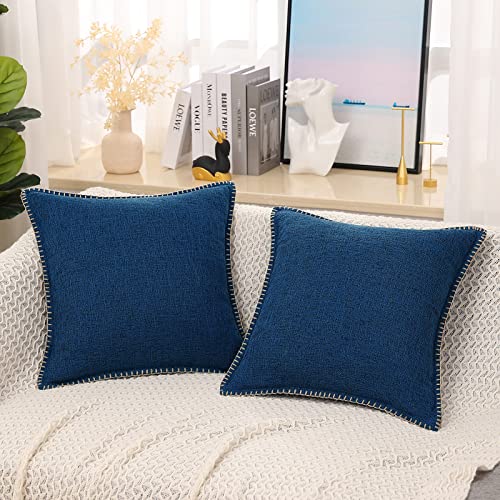 Decoruhome Decorative Outdoor Throw Pillow Covers 18X18 Set Of 2, Square Linen Farmhouse Pillow Covers With Stitched Edge, Rustic Pillow Covers For Couch, Sofa, Living Room, Dark Blue #TOP1