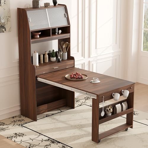 LUMISOL Space Saving Folding Dining Table, Multifunctional Cupboard with Storage Shelf and Side Hooks for Small Space, Studio, Apartment, Walnut