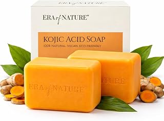 era of nature Turmeric Kojic Acid Soap with Vitamin C – Gentle Brightening Bar for Face Underarms Bikini Area and Body – Moisturizing Shea Butter – 2 Pack 200g