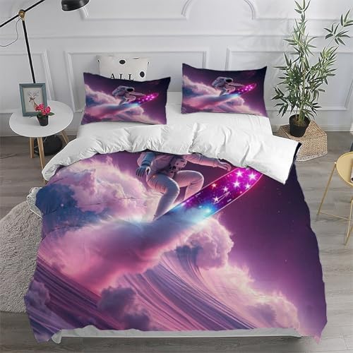 Parure de lit 3 pièces astronaute surfeur en microfibre super king