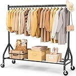 EAGMAK Heavy Duty Clothes Rail Load 180 KG, 150 cm Rolling Garment Rail with Lockable Wheels, Standing Metal Clothing Rack, Portable Wardrobe Rack Sturdy Coat Hanging Rail for Hanging Clothes (Black)