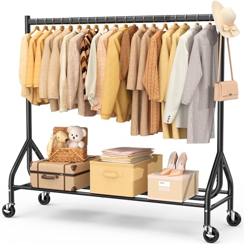 EAGMAK Heavy Duty Clothes Rail Load 180 KG, 150 cm Rolling Garment Rail with Lockable Wheels, Standing Metal Clothing Rack, Portable Wardrobe Rack Sturdy Coat Hanging Rail for Hanging Clothes (Black)