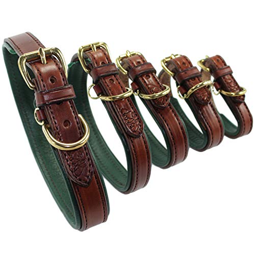 2 Red Dogs Durable Leather Dog Collar - Medium Brown with Hunter Green