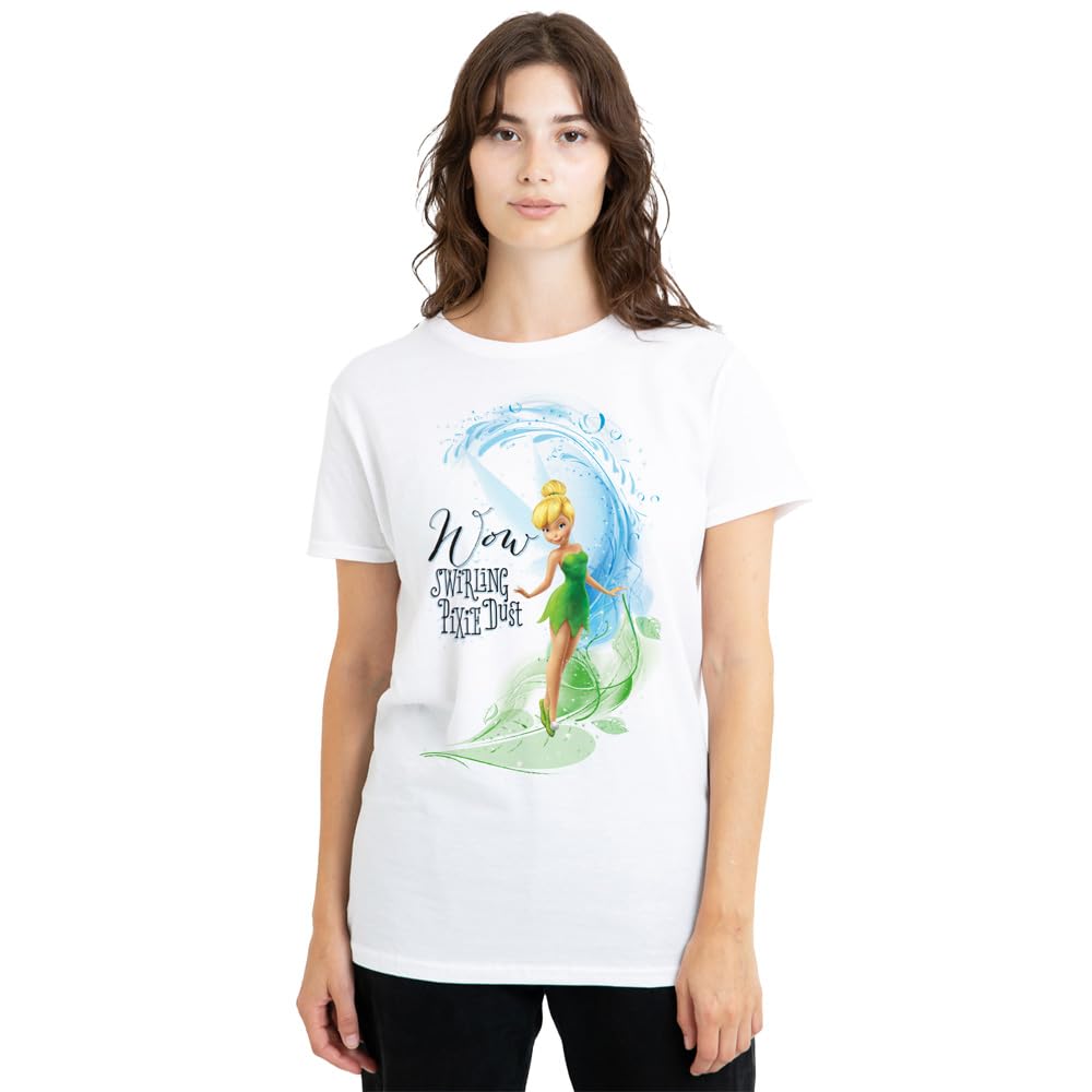 Fairies Wow Swirling Pixie Dust with Tinker Bell Ladies T Shirt, White, Medium