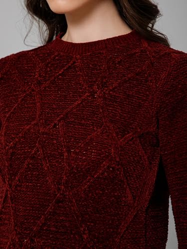 Image of Cantabil Self Design Maroon Round Neck Full Sleeves Regular Fit Women Casual Sweater | Casual Winter Sweater for Women | Ladies Sweater for Winter Wear (P LSWT00071 Maroon)