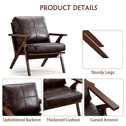 Bonzy Home Mid-Century Modern Accent Chair, Upholstered Leather Armchair With Solid Wood Frame & Removable Cushions, Comfy Retro Leisure Chair Reading Chair For Living Room, Bedroom, Dark Brown #TOP5