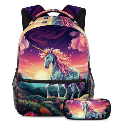 Sac d'école licorne multicolore avec trousse à crayons pour étudiant et adolescent voyage