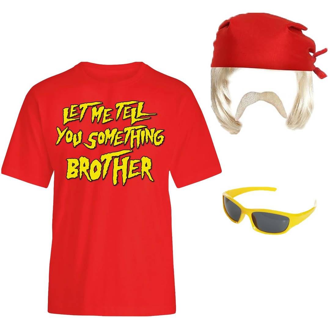 Adults 1980s Wrestler Fancy Dress Costume – Red Bandana, Blonde Wig, Red T-Shirt with Slogan Print, Blonde Moustache, Glasses – Retro Wrestling Outfit for Parties & Halloween
