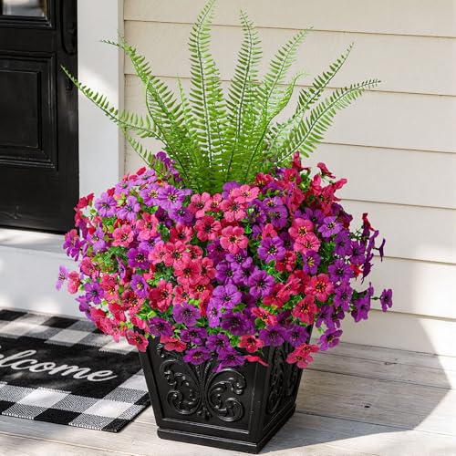 HyeFlora 14 Bundles Fake Silk Colorful Daisy Ferns, UV Resistant (Purple Fuchsia)
