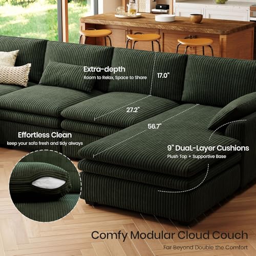Belffin Large Modular Sectional Sofa with Double Deep Chaise, 135" Corduroy U Shaped Sectional Couch with 9" Soft Dual-Layer 6 Seats U Shaped Couch for Living Room, Apartment, Green - Image 6