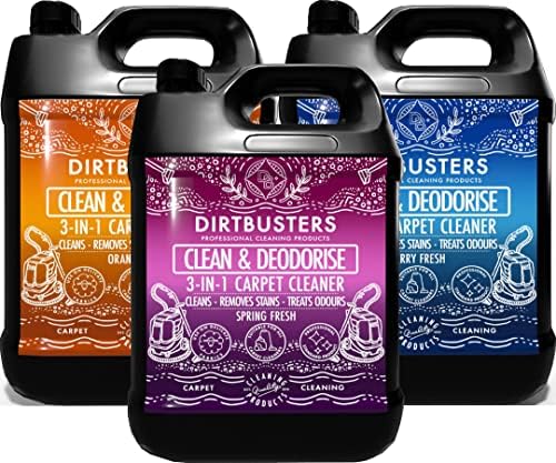 Dirtbusters clean and deodorise orange berry and spring fresh 3 x 5 litres carpet and upholstery shampoo solution cleaner with odour treatment.