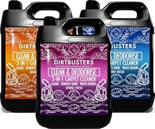 Dirtbusters clean and deodorise orange berry and spring fresh 3 x 5 litres carpet and upholstery shampoo solution cleaner with odour treatment.