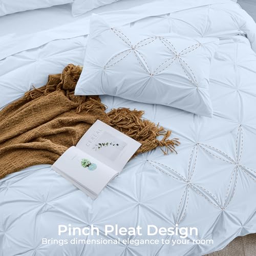 Image of Sasttie Oversized Queen Comforter Set, 7-Piece Bed in a Bag, Pintuck Bedding Sets for All Season, Includes Comforter, Flat Sheet, Fitted Sheet, Pillowcases and Pillowshams, Light Blue