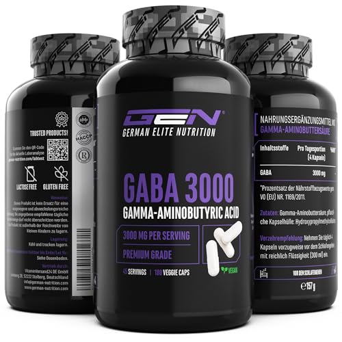 GABA - 180 Kapseln mit 750 mg - Hochdosiert mit 3000 mg pro Tagesportion - Gamma 100% Aminobuttersäure - Aminosäure - Vegan - Premium Qualität - German Elite Nutrition