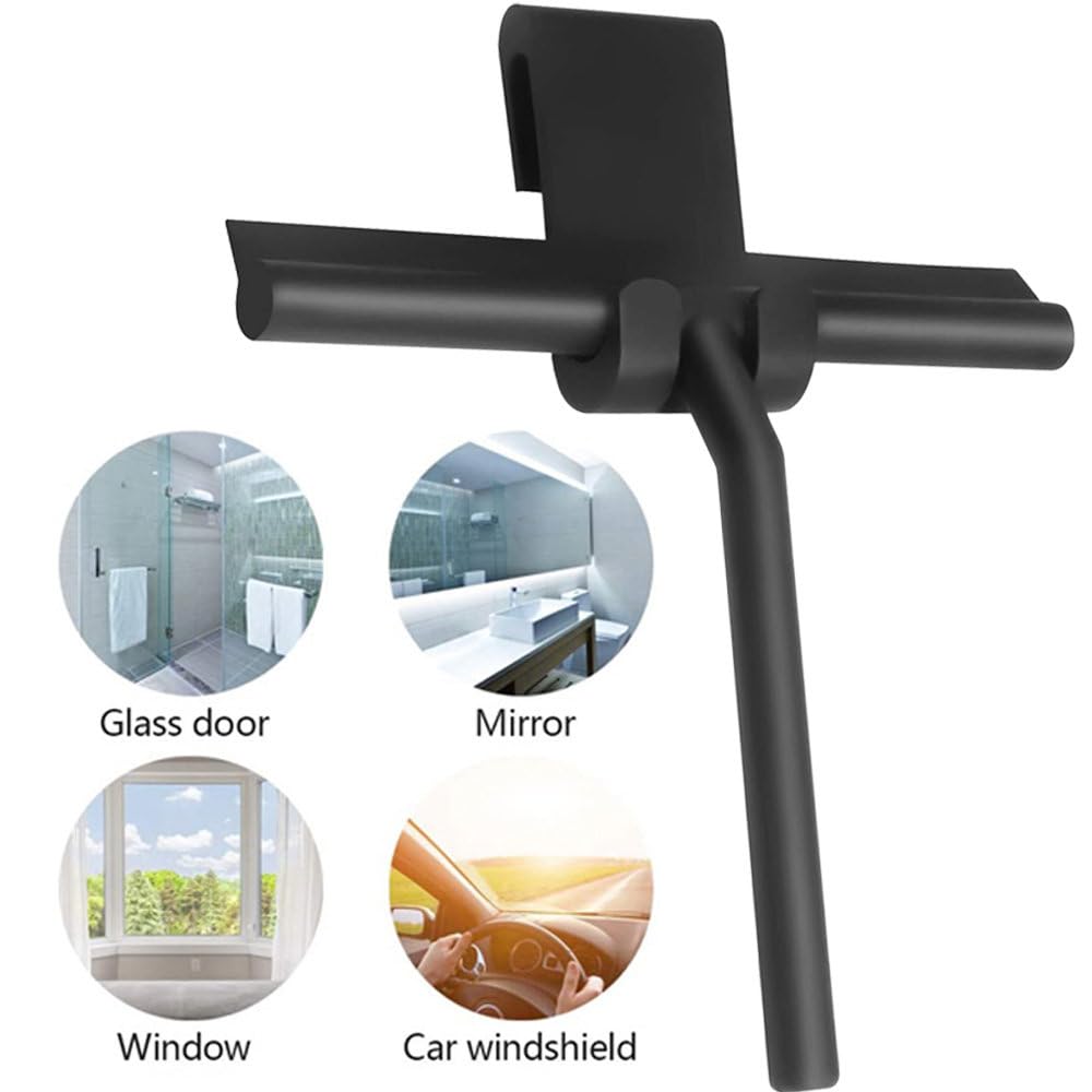 Limpiador de Ducha para Puerta de Vidrio, raspador de Pared de Ducha con Soporte de Silicona, Limpiador de Espejo de baño, raspador de Vidrio, Gancho Negro, 1 Pieza