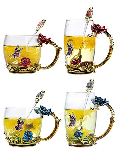 NBHUZEHUA Floral Glass Coffee Mug Tea Cup with Spoon Birthday Valentines Day Xmas Gift to Girlfriend Lover 014
