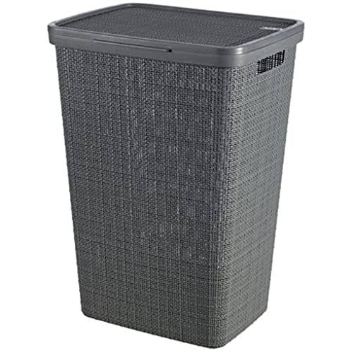 CURVER Coffre à Linge Jute 58L - Bac à Linge Sale avec Couvercle - Bonne Aération - Poignées Ergonomiques - Pour Salle de Bain ou Buanderie - 70% recyclé - 43 x 34 x 58,2 cm - Gris