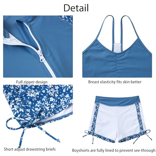 Image of Funnycokid Girls Swimsuit 3 Pieces Zip Rash Guard Bathing Suits Set Kids Bikini Boyshort Summer Swimwear 3-14 Years
