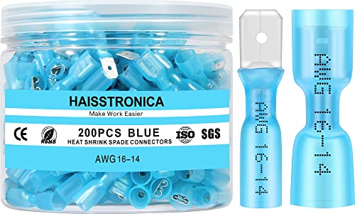 haisstronica 200PCS Blue Heat Shrink Spade Connectors 16-14 AWG