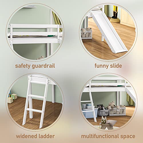 Mu Twin Loft Bed With Slide, Wood Low Loft Bed Frame With Climbing Ladder & Safety Guard Rail, Lower Storage Space For Kids Toddler, White #TOP5