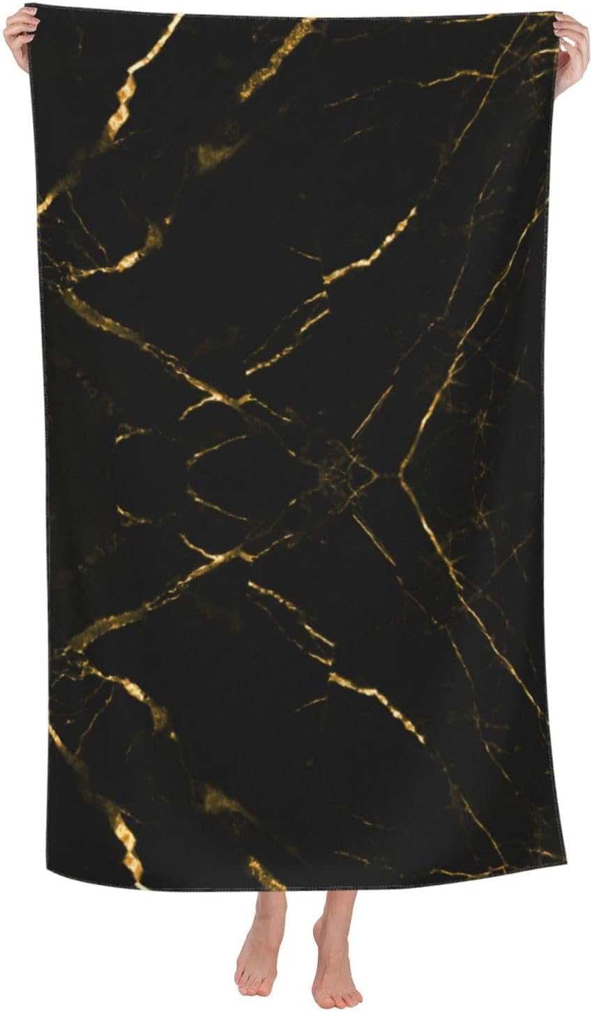 Beach Towel,Gold Black Marble Quick Dry Oversized Lightweight Thin Bath Towel 32"x52" Travel Swimming Pool Yoga Gym Sand-Proof and Absorbent Idea Adult Towel
