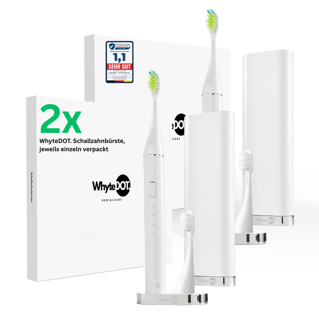 WhyteDOT® Doppel-Set, elektrische Zahnbürste – Schallzahnbürste, leise & sanft, 2 Bürstenköpfe: gründlich & sensitiv, 3 Modi, Timer & UV-Reiseetui – von Zahnärztin gegründet
