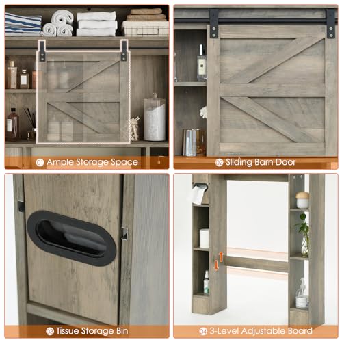 Over The Toilet Storage Cabinet, 32.5'' Wide Bathroom Storage Cabinet with Sliding Barn Door, Freestanding Over Toilet Storage Shelf, Grey