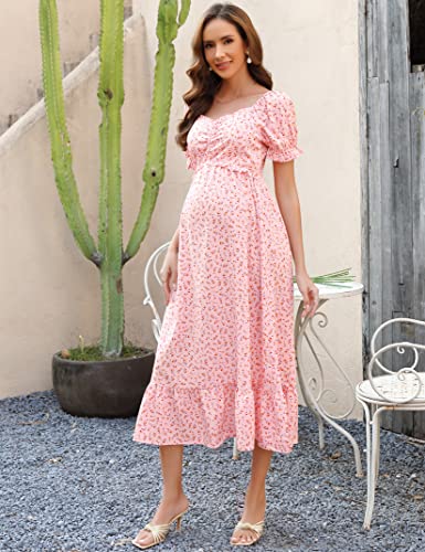 Kojooin Women's Maternity Sweetheart Neckline Short Puff Sleeve Summer Dress Smocked Casual Maxi Dress Baby Shower Photoshoot Pink Floral M #TOP4