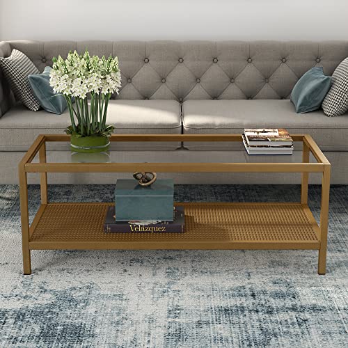 Image of Henn&Hart 45 inch Wide Rectangular Coffee Table in Brass, Modern coffee tables for living room, studio apartment essentials