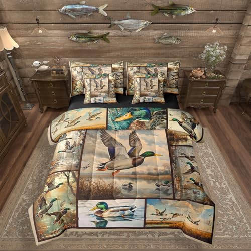 Erosebridal Mallard Duck 7 Pieces Bedding Set Queen Size Country Cabin Woodland Duck Comforter Set with Sheets for Kids Teen Adult Patchwork Wild Animal Bed in A Bag Rural Rustic Farmhouse Quilt Sets