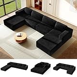 Vesgantti 404 cm Groß Modulares U-förmiges Ecksofa mit Schlaffunktion, 4‑Sitzer Cordsofa mit Federkern, Extra Tiefe Sitzfläche, Boneless Schlafcouch, Für Wohnzimmer, Ohne Montage, Schwarz