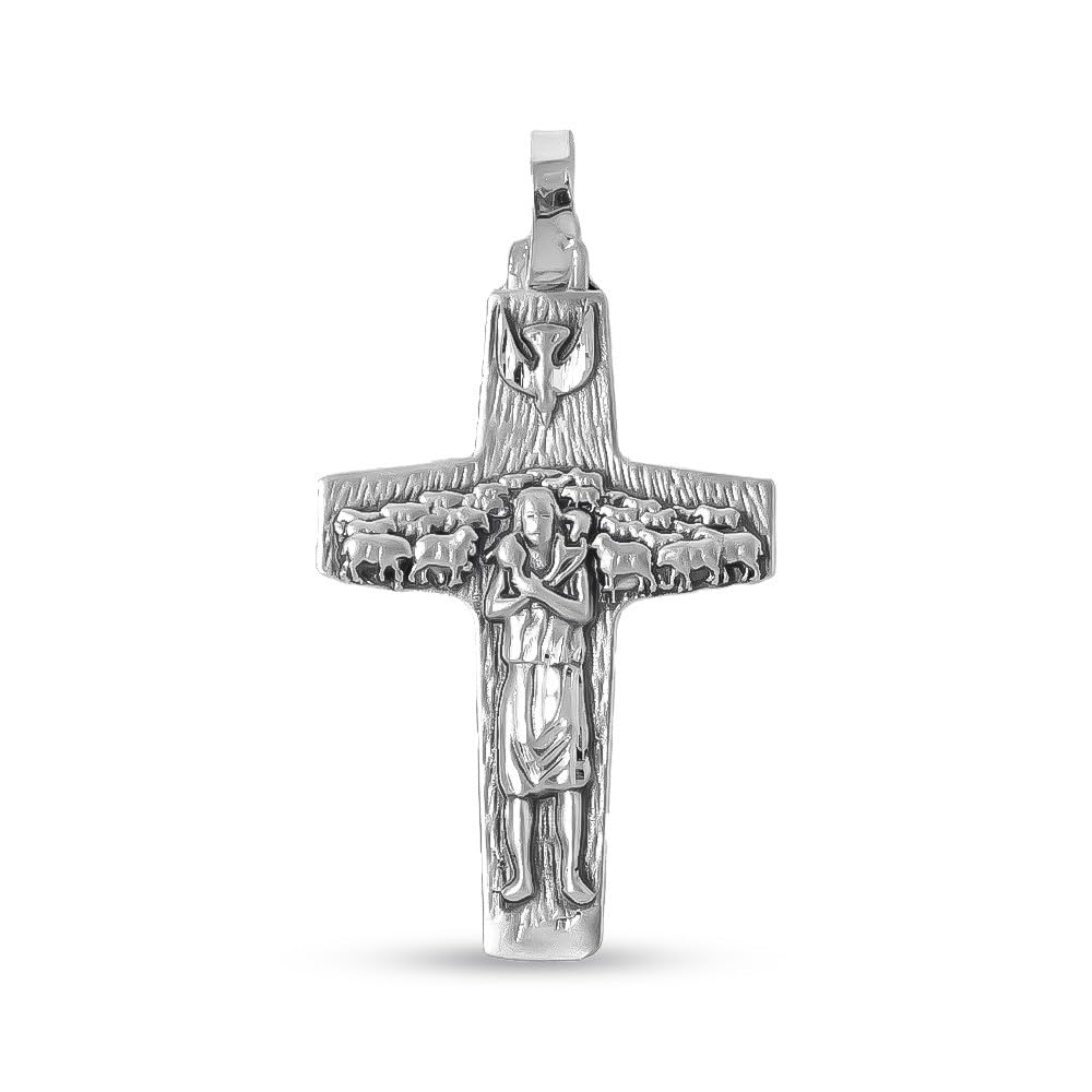 Cruz del Buen Pastor Colgante en Plata de Ley 925m macizo de 37mm. del Papa Francisco